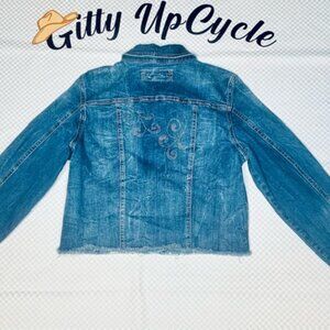 Upcycled distressed cropped Jean jacket frayed hem rhinestone accents back/front